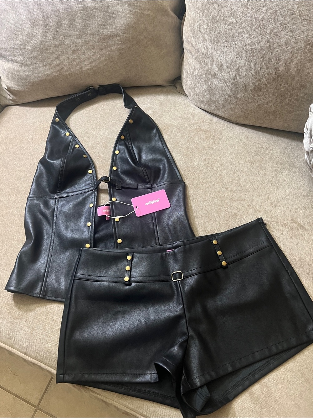 New Edikted Black Faux Leather Halter Top and Shorts Set with Gold Studs Medium